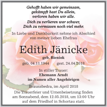Traueranzeige von Edith Jänicke von Mitteldeutsche Zeitung Merseburg/Querfurt
