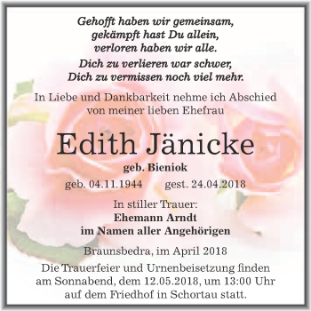 Traueranzeige von Edith Jänicke von WVG - Wochenspiegel Merseburg