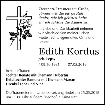Traueranzeige von Edith Kordus von Mitteldeutsche Zeitung Bitterfeld