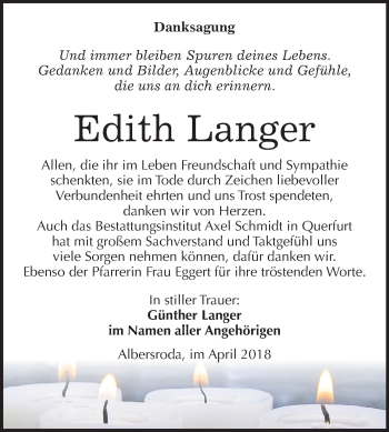 Traueranzeige von Edith Langer von Mitteldeutsche Zeitung Merseburg/Querfurt