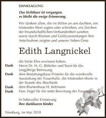 Traueranzeige von Edith Langnickel von Super Sonntag Bernburg