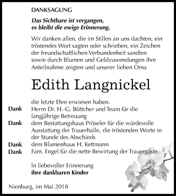 Traueranzeige von Edith Langnickel von Mitteldeutsche Zeitung Bernburg
