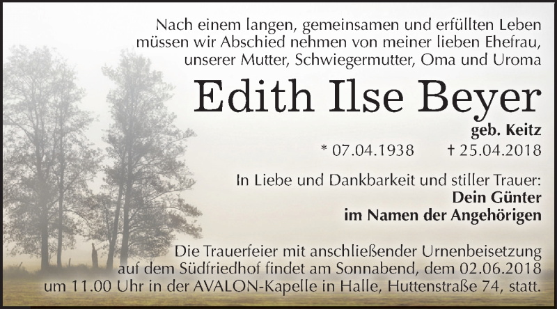  Traueranzeige für Edith Ilse Beyer vom 17.05.2018 aus Mitteldeutsche Zeitung