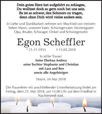 Traueranzeige von Egon Scheffler von Mitteldeutsche Zeitung Aschersleben