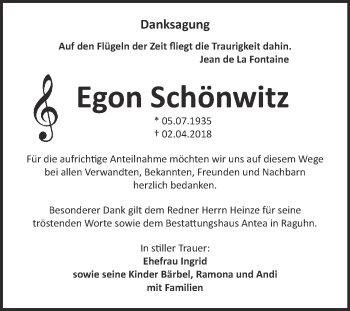 Traueranzeige von Egon Schönwitz von WVG - Wochenspiegel Bitterfeld