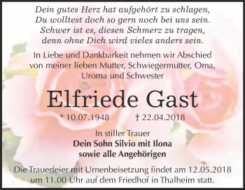 Traueranzeige von Elfriede Gast von WVG - Wochenspiegel Bitterfeld