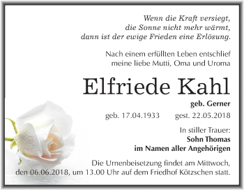 Traueranzeige von Elfriede Kahl von Mitteldeutsche Zeitung Merseburg/Querfurt