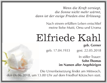 Traueranzeige von Elfriede Kahl von WVG - Wochenspiegel Merseburg