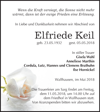 Traueranzeige von Elfriede Keil von Mitteldeutsche Zeitung Sangerhausen