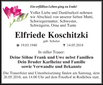 Traueranzeige von Elfriede Koschitzki von Mitteldeutsche Zeitung Dessau-Roßlau