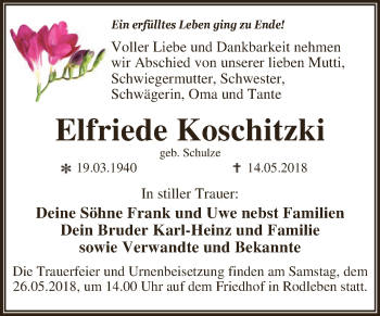 Traueranzeige von Elfriede Koschitzki von WVG - Wochenspiegel Dessau / Köthen