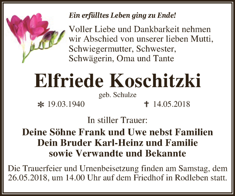  Traueranzeige für Elfriede Koschitzki vom 19.05.2018 aus WVG - Wochenspiegel Dessau / Köthen