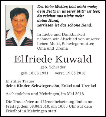 Traueranzeige von Elfriede Kuwald von Mitteldeutsche Zeitung Aschersleben