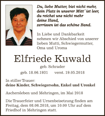 Traueranzeige von Elfriede Kuwald von Super Sonntag Aschersleben