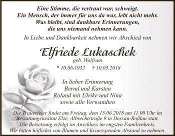 Traueranzeige von Elfriede Lukaschek von WVG - Wochenspiegel Dessau / Köthen