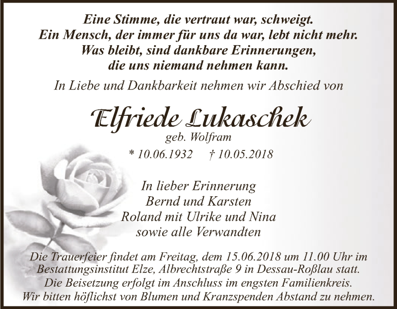  Traueranzeige für Elfriede Lukaschek vom 26.05.2018 aus WVG - Wochenspiegel Dessau / Köthen