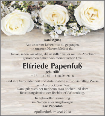 Traueranzeige von Elfriede Papenfuß von WVG - Wochenspiegel Wittenberg