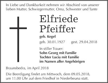 Traueranzeige von Elfriede Pfeiffer von WVG - Wochenspiegel Merseburg