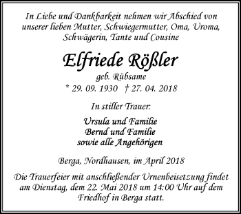 Traueranzeige von Elfriede Rößler von Mitteldeutsche Zeitung Sangerhausen