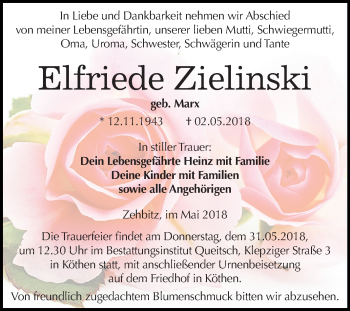 Traueranzeige von Elfriede Zielinski von Mitteldeutsche Zeitung