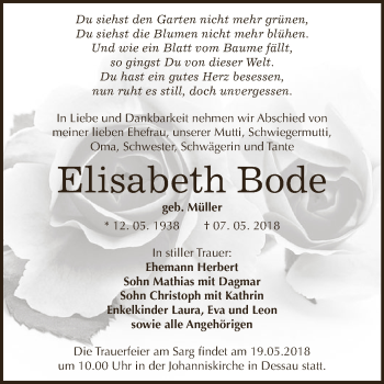 Traueranzeige von Elisabeth Bode von WVG - Wochenspiegel Dessau / Köthen