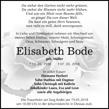 Traueranzeige von Elisabeth Bode von Mitteldeutsche Zeitung