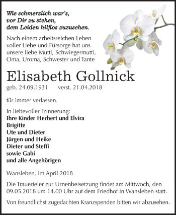 Traueranzeige von Elisabeth Gollnick von Mitteldeutsche Zeitung
