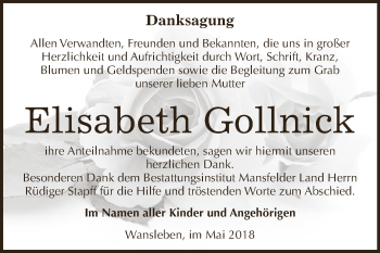 Traueranzeige von Elisabeth Gollnick von Wochenspiegel Mansfelder Land