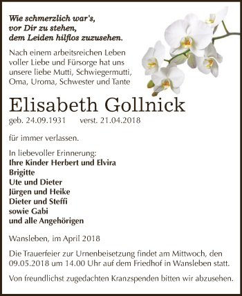 Traueranzeige von Elisabeth Gollnick von Wochenspiegel Mansfelder Land
