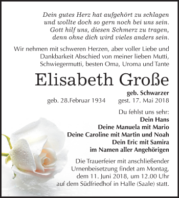 Traueranzeige von Elisabeth Große von Mitteldeutsche Zeitung Halle/Saalkreis
