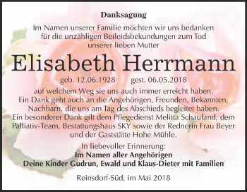 Traueranzeige von Elisabeth Herrmann von Super Sonntag Wittenberg