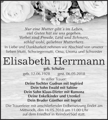 Traueranzeige von Elisabeth Herrmann von Super Sonntag Wittenberg