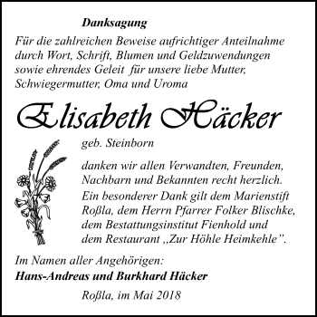 Traueranzeige von Elisabeth Häcker von Mitteldeutsche Zeitung Sangerhausen