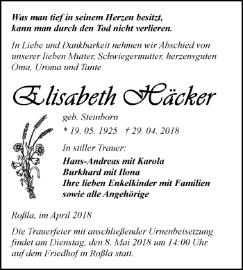 Traueranzeige von Elisabeth Häcker von Mitteldeutsche Zeitung Sangerhausen