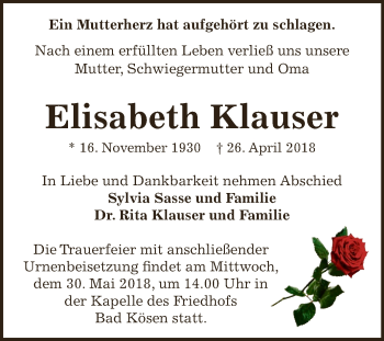 Traueranzeige von Elisabeth Klauser von WVG - Wochenspiegel NMB / WSF / ZTZ