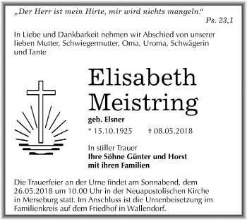 Traueranzeige von Elisabeth Meistring von WVG - Wochenspiegel Merseburg