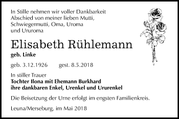 Traueranzeige von Elisabeth Rühlemann von WVG - Wochenspiegel Merseburg
