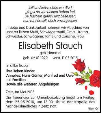 Traueranzeige von Elisabeth Stauch von Mitteldeutsche Zeitung Zeitz
