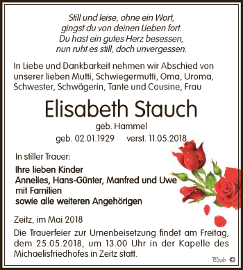 Traueranzeige von Elisabeth Stauch von Super Sonntag Zeitz