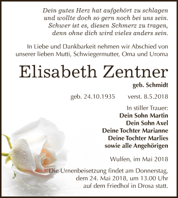 Traueranzeige von Elisabeth Zentner von WVG - Wochenspiegel Dessau / Köthen
