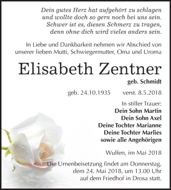 Traueranzeige von Elisabeth Zentner von Mitteldeutsche Zeitung Köthen