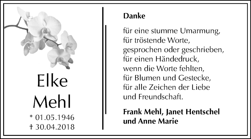  Traueranzeige für Elke Mehl vom 12.05.2018 aus Mitteldeutsche Zeitung Halle/Saalkreis