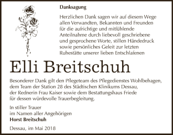 Traueranzeige von Elli Breitschuh von WVG - Wochenspiegel Dessau / Köthen