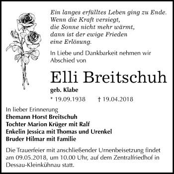 Traueranzeige von Elli Breitschuh von Mitteldeutsche Zeitung Dessau-Roßlau