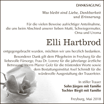 Traueranzeige von Elli Hartbrod von WVG - Wochenspiegel NMB / WSF / ZTZ