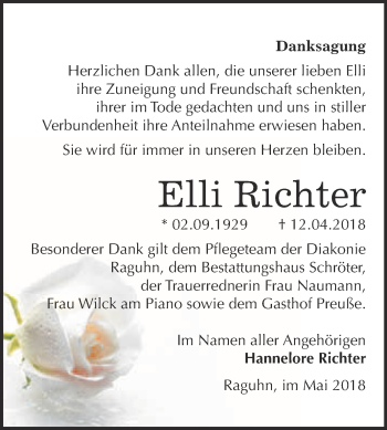 Traueranzeige von Elli Richter von WVG - Wochenspiegel Bitterfeld