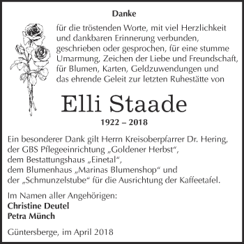 Traueranzeige von Elli Staade von Super Sonntag Quedlinburg