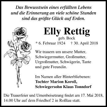 Traueranzeige von Elly Rettig von Mitteldeutsche Zeitung Dessau-Roßlau