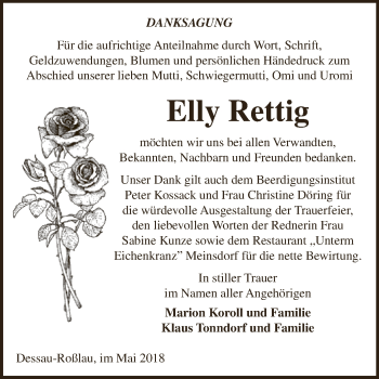 Traueranzeige von Elly Rettig von WVG - Wochenspiegel Dessau / Köthen