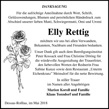 Traueranzeige von Elly Rettig von Mitteldeutsche Zeitung Dessau-Roßlau